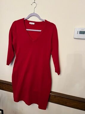 Calvin Klein Bright Red V-Neck Long Sleeve Knit Dress